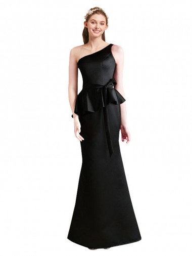 Discount Long One Shoulder Satin Bridesmaid Dress with Bow Ties UK