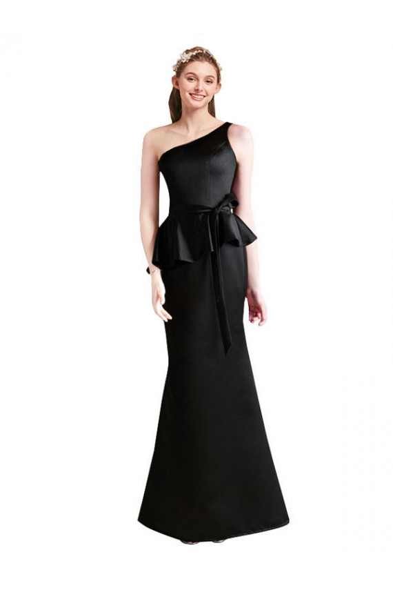 Discount Long One Shoulder Satin Bridesmaid Dress with Bow Ties UK