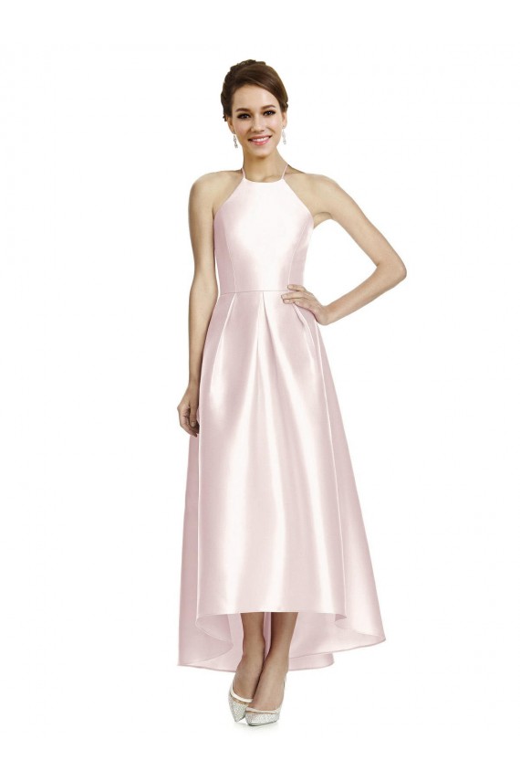 Discount Long High-Low Halter Satin Bridesmaid Dress with Criss-Cross Back UK