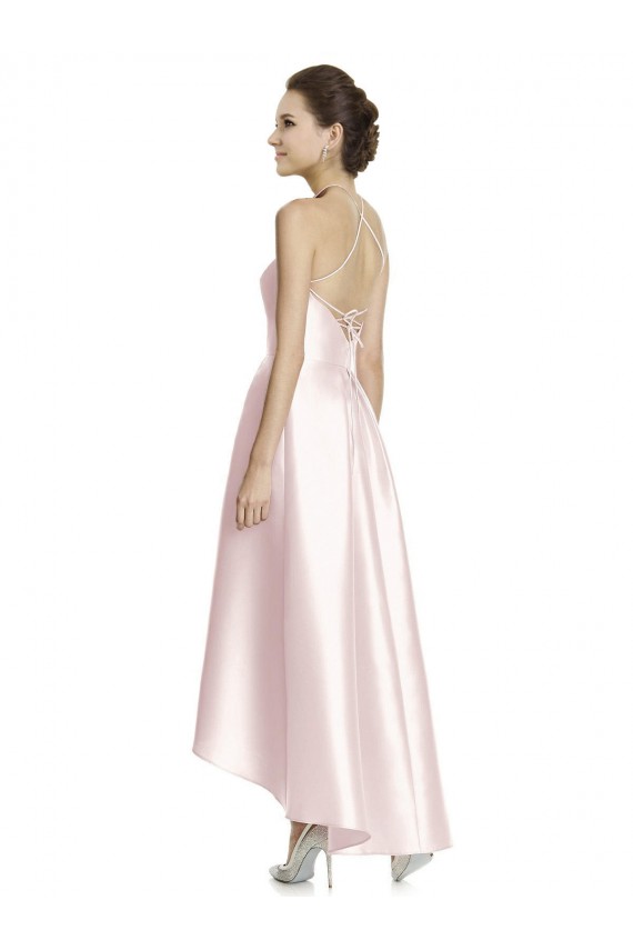 Discount Long High-Low Halter Satin Bridesmaid Dress with Criss-Cross Back UK