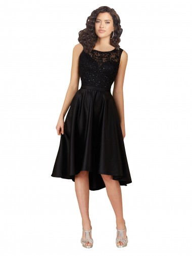 Discount Short High Low Satin Cocktail Bridesmaid Dress with a Beaded and Embroidered Bodice UK