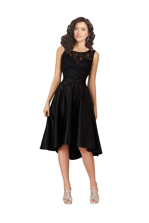 Discount Short High Low Satin Cocktail Bridesmaid Dress with a Beaded and Embroidered Bodice UK