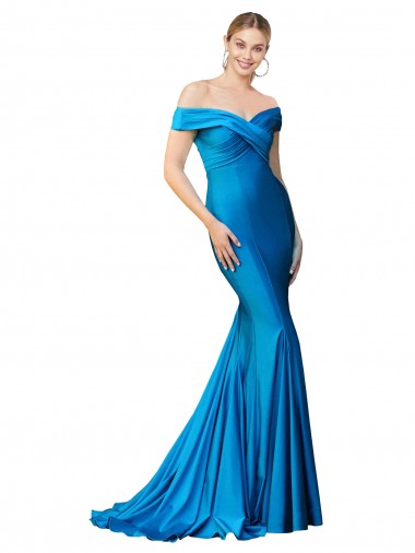 Discount Off the Shoulder Long Chapel Train Formal Satin Bridesmaid Dress / Prom Dress UK