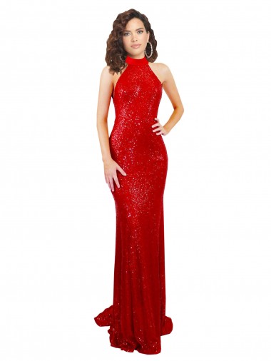 Discount Halter High Neck Mermaid Open Back Formal Sequin Bridesmaid Dress / Prom Dress UK