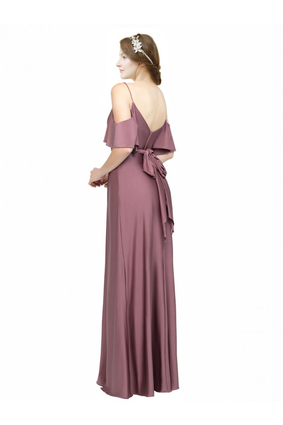 Discount Draped Cold Shoulder Sleeves Long Formal Silky Satin Bridesmaid Dress / Prom Dress with Slit and Tie Back UK