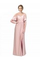 Discount Draped Cold Shoulder Sleeves Long Formal Silky Satin Bridesmaid Dress / Prom Dress with Slit and Tie Back UK