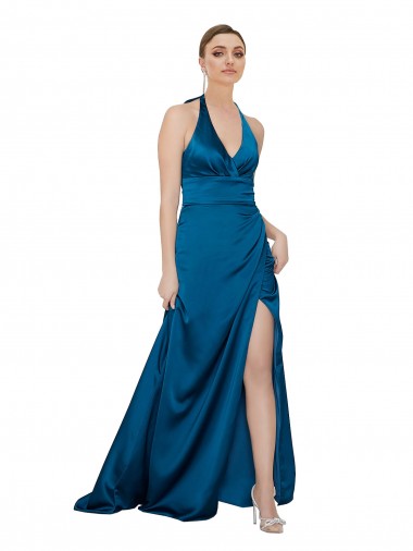 Discount Halter Neck Formal Silky Satin Bridesmaid Dress / Prom Dress UK