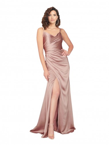Discount Floor Length Formal Silky Satin Bridesmaid Dress / Prom Dress with Front Skirt Slit UK