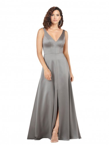 Discount Plunging V-Neckline Long A-Line Formal Silky Satin Bridesmaid Dress / Prom Dress UK