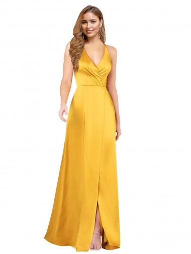 Discount Halter A-Line Formal Silky Satin Bridesmaid Dress / Prom Dress with V-Neckline and Slit UK