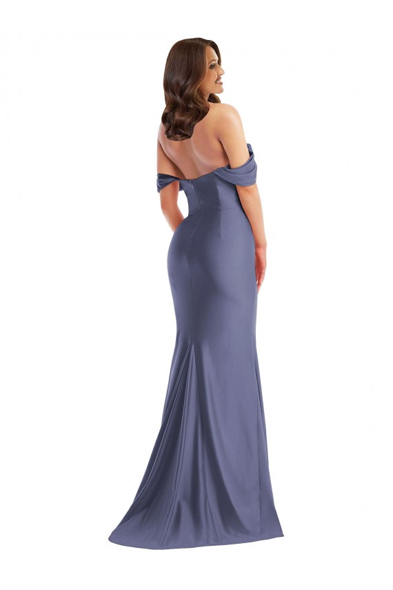 Discount Off the Shoulder Corset Formal Silky Satin Mermaid Bridesmaid Dress / Prom Dress with Side Slit UK