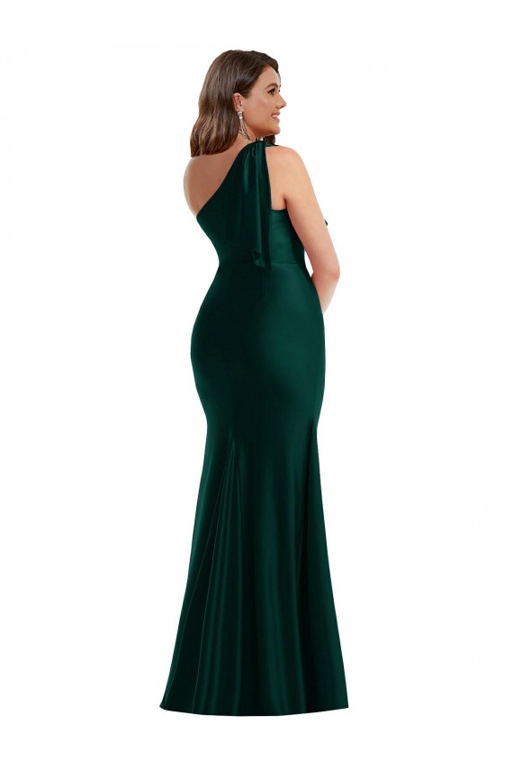 Discount Cascading Bow One Shoulder Formal Silky Satin Mermaid Bridesmaid Dress / Prom Dress with Front Slit UK