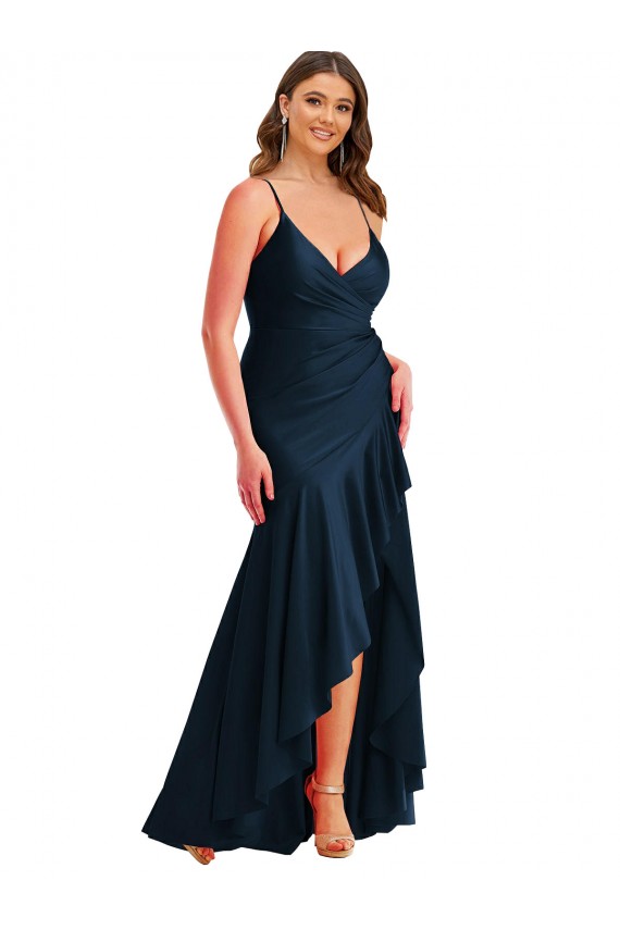 Discount Pleated Wrap Ruffled High Low Formal Silky Satin Bridesmaid Dress / Prom Dress UK