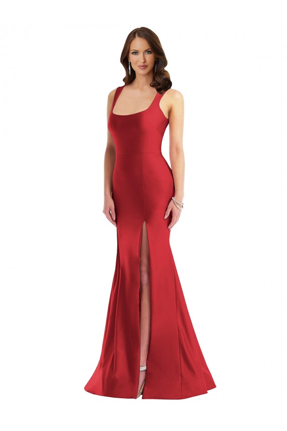 Discount Square Neck Formal Silky Satin Mermaid Bridesmaid Dress / Prom Dress with Side Slit UK