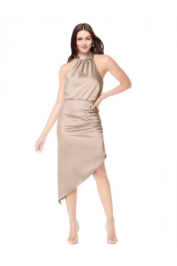 Discount Silky Satin High Low Midi Cocktail Length Bridesmaid Dress / Prom Dress with Asymmetric Skirt UK