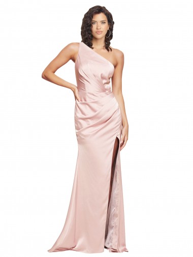 Discount Full Length Ruched Formal Silky Satin Bridesmaid Dress / Prom Dress with Low Back and High Split UK