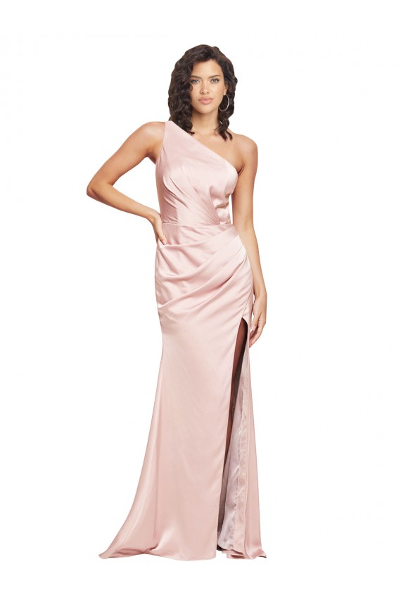 Discount Full Length Ruched Formal Silky Satin Bridesmaid Dress / Prom Dress with Low Back and High Split UK