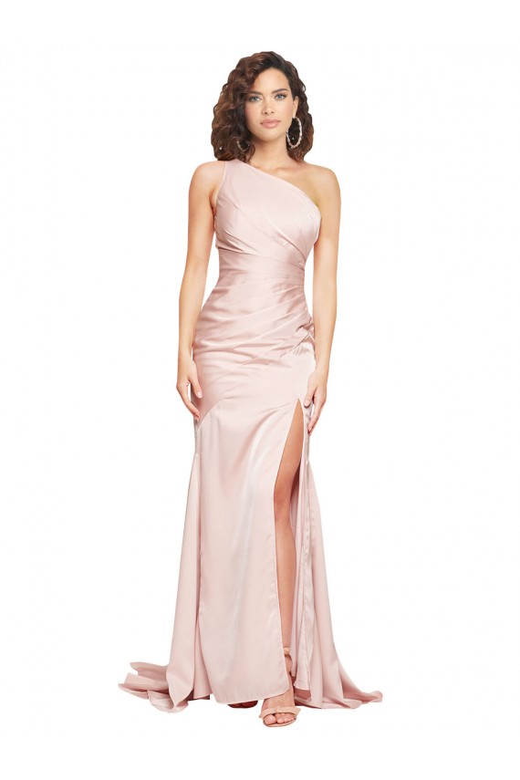 Discount Full Length One Shoulder Long Formal Silky Satin Bridesmaid Dress / Prom Dress with High Split UK