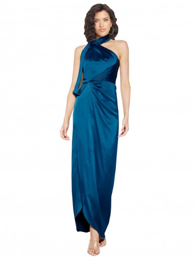 Discount High Halter Neck Formal Silky Satin Bridesmaid Dress / Prom Dress with Sash Overlay and Side Split UK