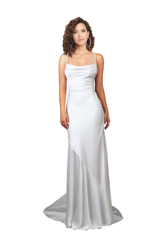 Discount Simple Lace Up Back Cowl Neck Long Sweep Train Silky Satin Beach Wedding Dress UK