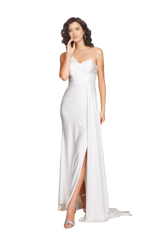 Discount One Shoulder Floor Length Silky Satin Wedding Dress with Side Slit UK