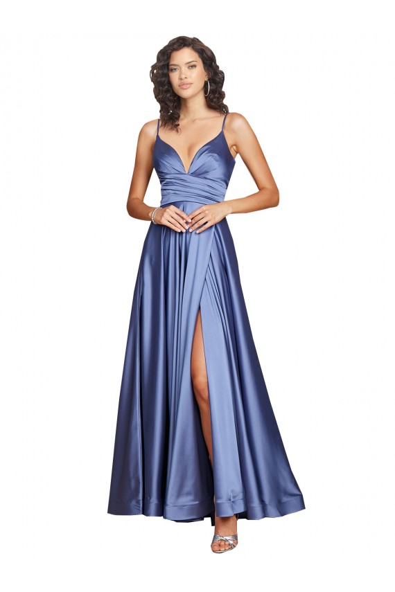 Discount Deep V-Neck Sweetheart Long Formal Silky Satin Bridesmaid Dress / Prom Dress with Thigh High Slit UK
