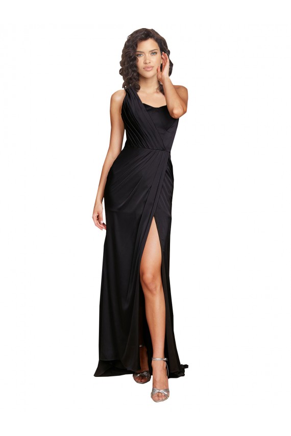 Discount Full Length One Shoulder Ruffled Long Formal Silky Satin Bridesmaid Dress / Prom Dress with High Slit UK