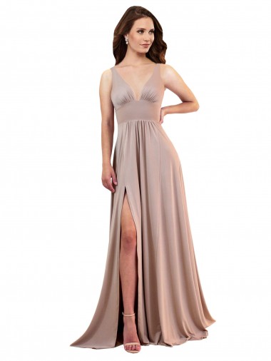 Discount Long A-Line Plunge V-Neckline Formal Spandex Bridesmaid Dress / Prom Dress with Slit UK