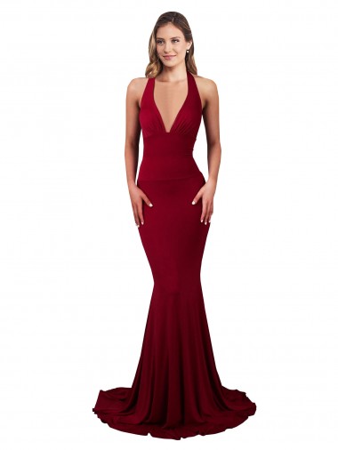 Discount Halter Mermaid Plunge V-Neckline Open Back Bow Tie Formal Spandex Bridesmaid Dress / Prom Dress UK