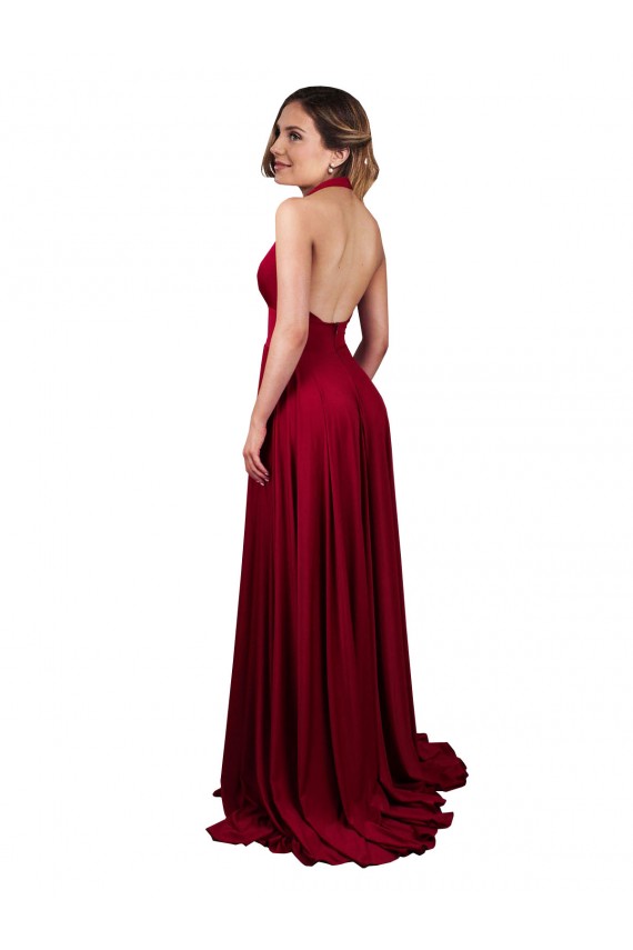 Discount A-Line Halter Plunge V-Neckline Open Back Formal Spandex Bridesmaid Dress / Prom Dress with Slit UK