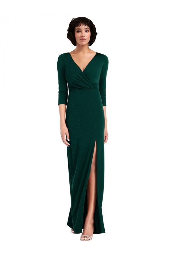 Discount Floor Length 3/4 Sleeves V-Back Draped Wrap Formal Maxi Spandex Bridesmaid Dress / Prom Dress UK