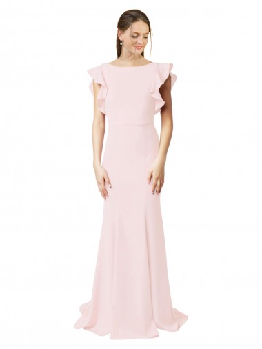 Discount Low V-Back Long Mermaid Crepe Bridesmaid Dress / Prom Dress with Ruffled Sleeves UK