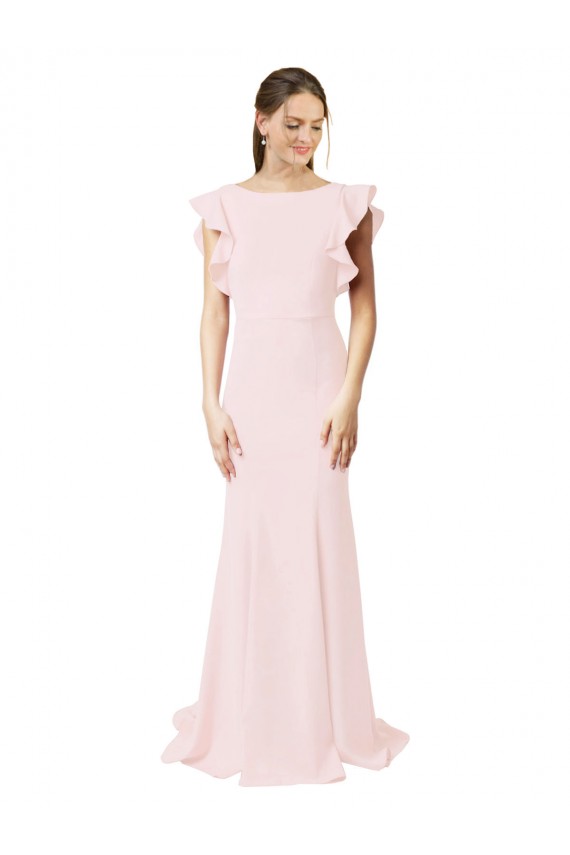 Discount Low V-Back Long Mermaid Crepe Bridesmaid Dress / Prom Dress with Ruffled Sleeves UK