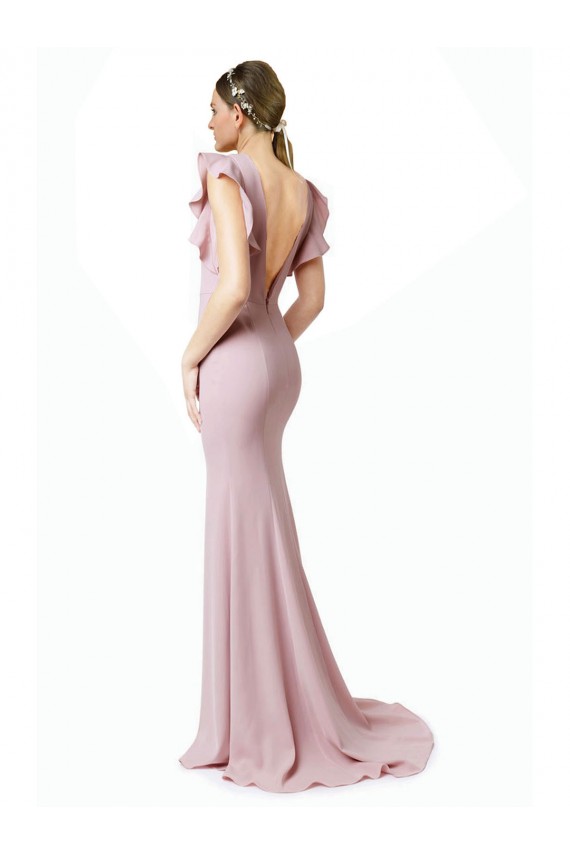 Discount Low V-Back Long Mermaid Crepe Bridesmaid Dress / Prom Dress with Ruffled Sleeves UK