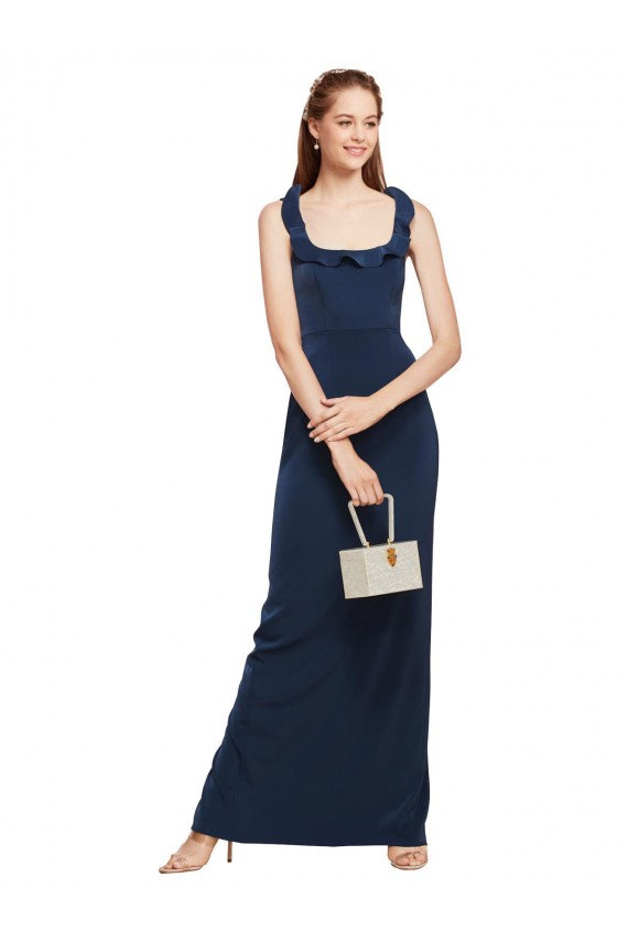 Discount Scoop Neck with Ruffles Long Formal Crepe Bridesmaid Dress / Prom Dress with Back Slit UK