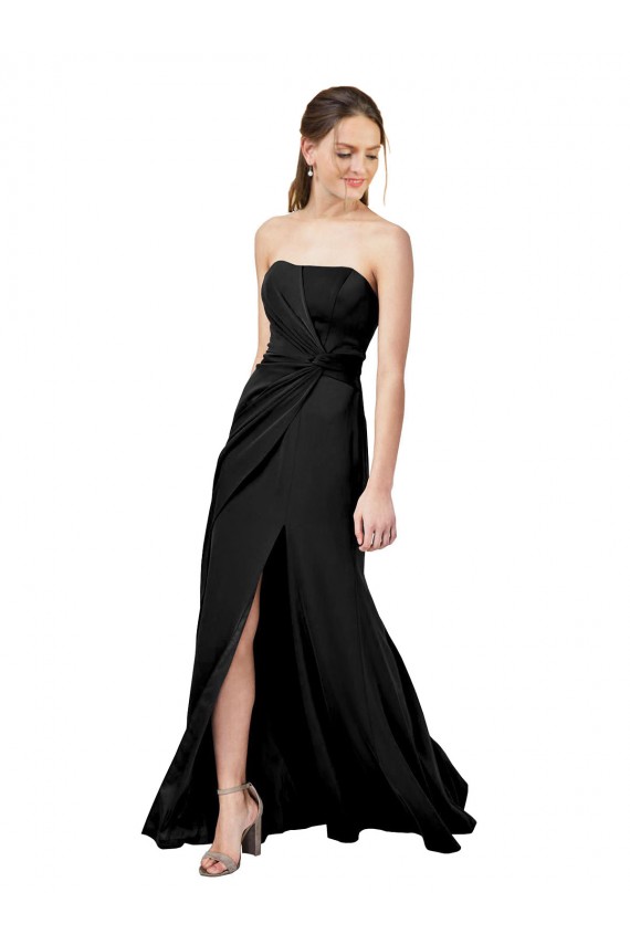 Discount Strapless Fit and Flare Long Formal Crepe Bridesmaid Dress / Prom Dress with Knot and Slit UK