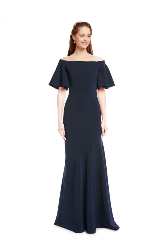Discount Off the Shoulder Formal Crepe Bridesmaid Dress / Prom Dress with Short Ruffle Sleeves. UK
