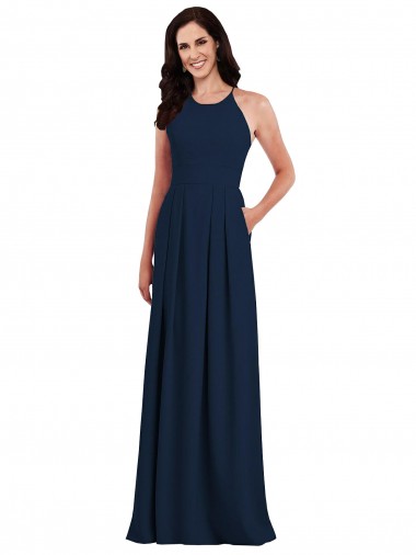 Discount Criss Cross Back Crepe Halter Bridesmaid Dress with Pockets UK