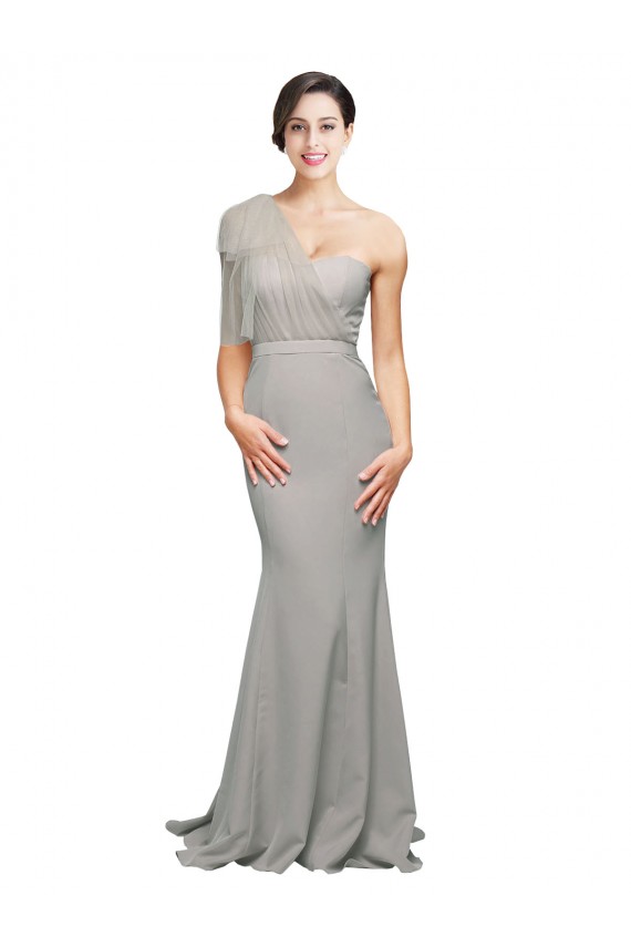 Discount Long Sweep Train Sweetheart Formal Crepe Bridesmaid Dress / Prom Dress with Tulle One Shoulder UK