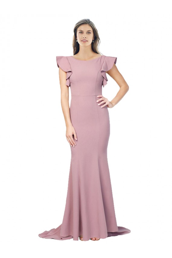 Discount Flutter Sleeves Low V-Back High Round Neck Formal Crepe Bridesmaid Dress / Prom Dress UK