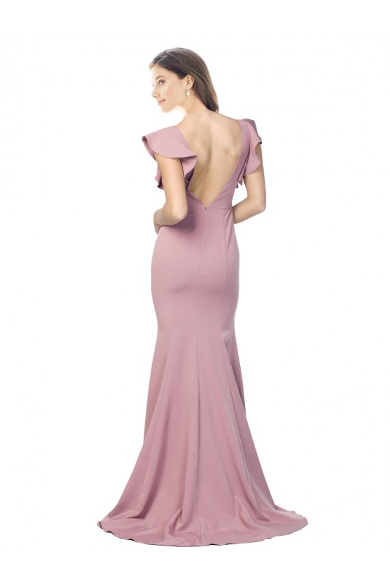Discount Flutter Sleeves Low V-Back High Round Neck Formal Crepe Bridesmaid Dress / Prom Dress UK