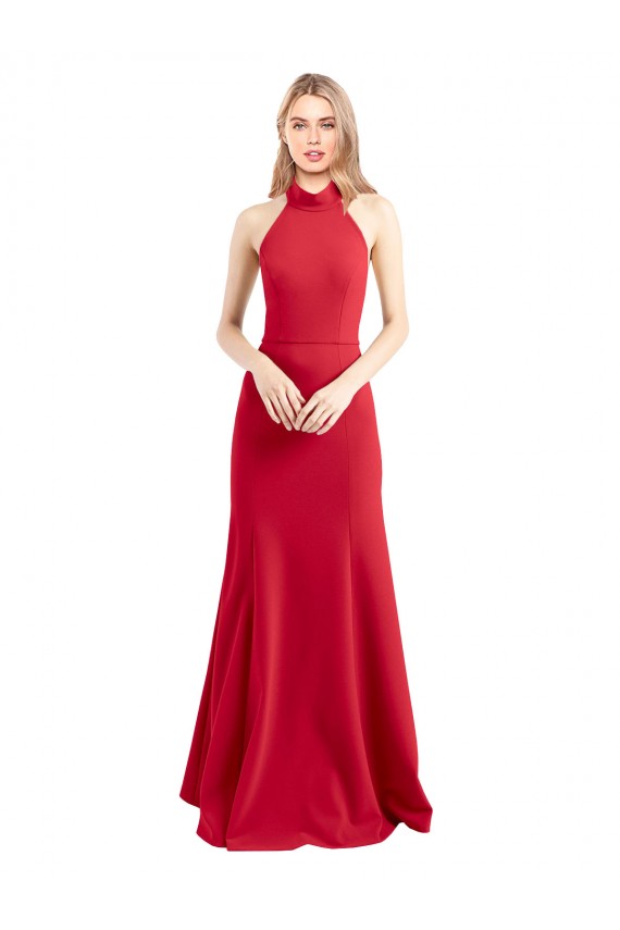 Discount Sleek Fit and Flare High Neck Halter Stretch Formal Crepe Bridesmaid Dress / Prom Dress with Open Back UK