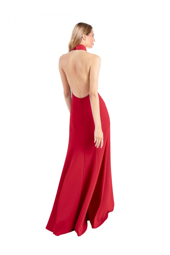 Discount Sleek Fit and Flare High Neck Halter Stretch Formal Crepe Bridesmaid Dress / Prom Dress with Open Back UK