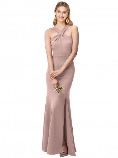 Discount Long Floor Length High Neck Fit and Flare Stretch Crepe Bridesmaid Dress / Prom Dress with Side Slit UK