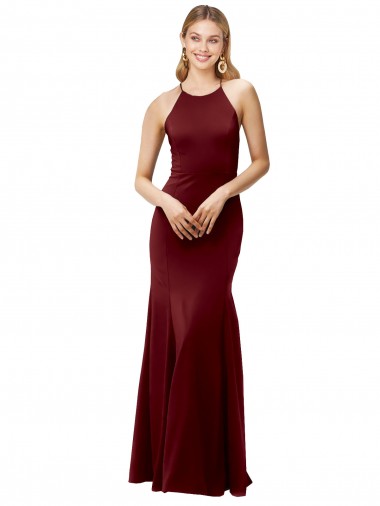Discount Fit and Flare Halter Neckline Stretch Formal Crepe Bridesmaid Dress / Prom Dress with Strappy Back UK