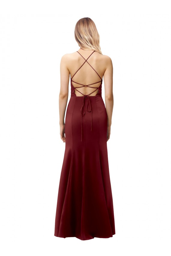 Discount Fit and Flare Halter Neckline Stretch Formal Crepe Bridesmaid Dress / Prom Dress with Strappy Back UK