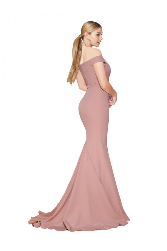 Discount Off the Shoulder Sweetheart Long Sweep Train Formal Crepe Bridesmaid Dress / Prom Dress UK