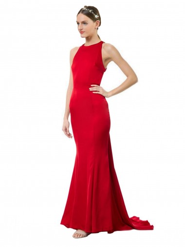 Discount High Neck Mermaid Open Back Formal Crepe Maxi Bridesmaid Dress / Prom Dress with Train Detail UK