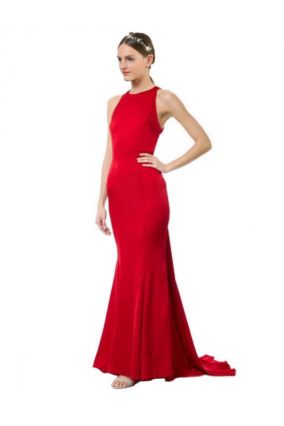 Discount High Neck Mermaid Open Back Formal Crepe Maxi Bridesmaid Dress / Prom Dress with Train Detail UK