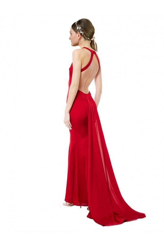 Discount High Neck Mermaid Open Back Formal Crepe Maxi Bridesmaid Dress / Prom Dress with Train Detail UK